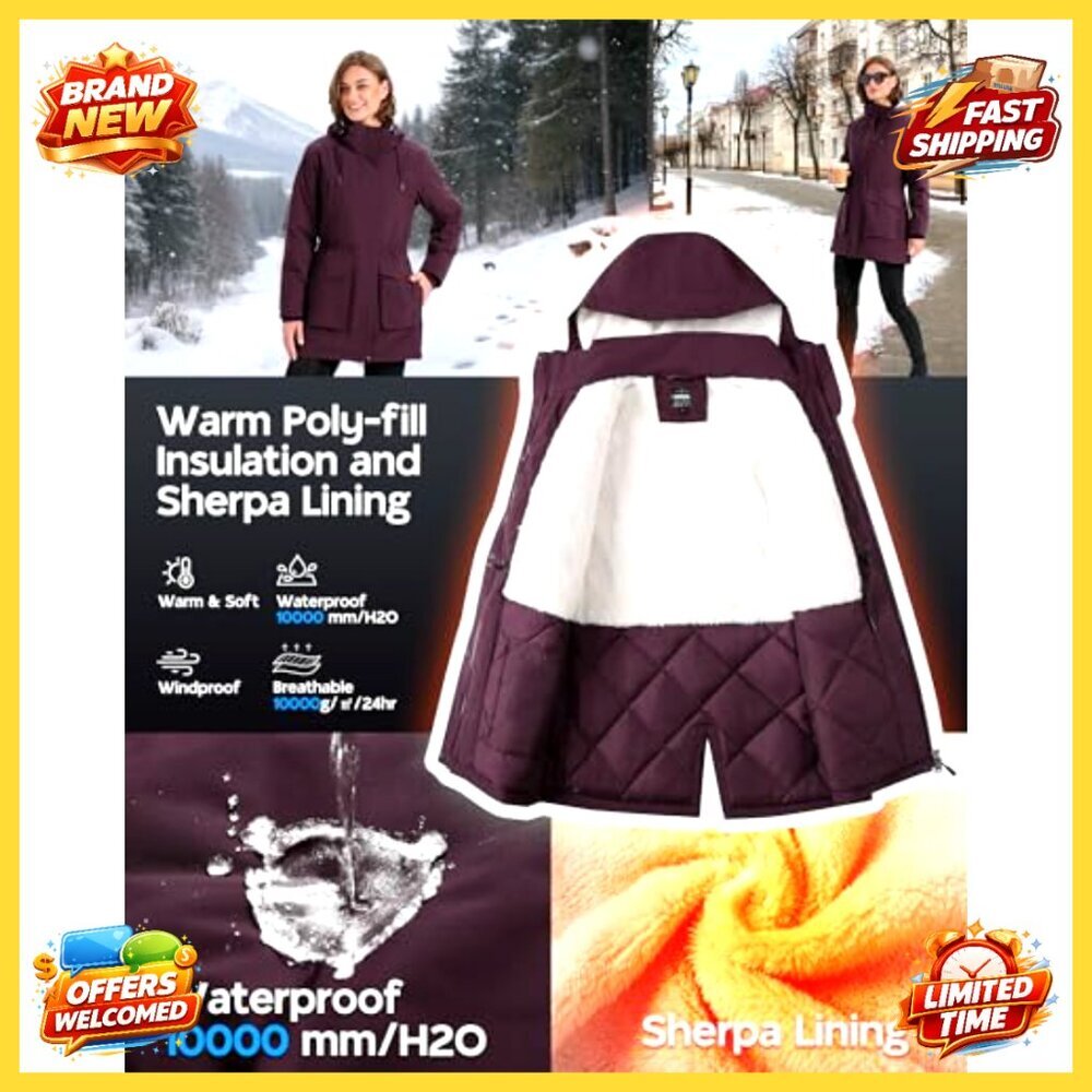 Women's Waterproof Fleece Lined Winter Parka with Removable Hood, Insulated - Picture 3 of 6